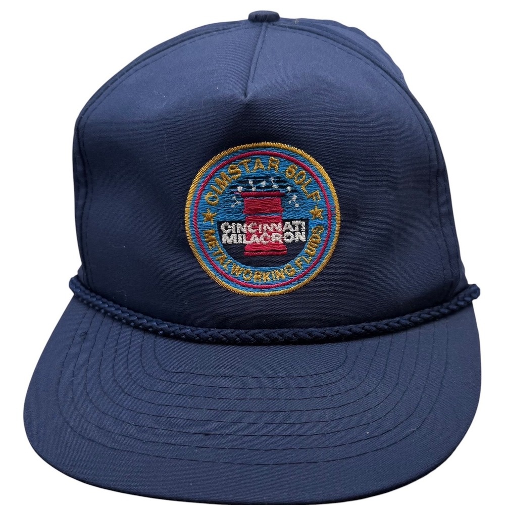 Vintage Mohrs Cimstar Golf Cincinnati Milacron Navy Blue Rope Hat Adjustable